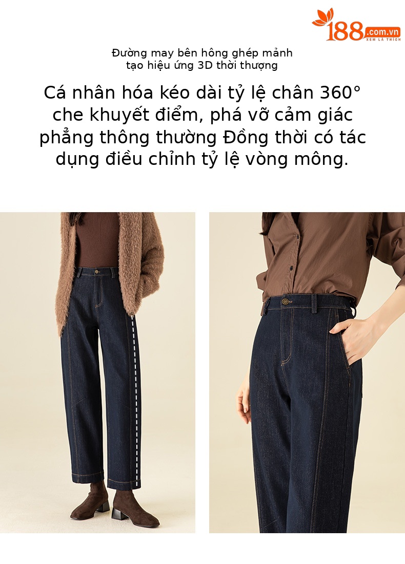 Quần jean nữ cạp cao ống rộng lót lông cừu dày dặn — Xanh denim chi tiết 10