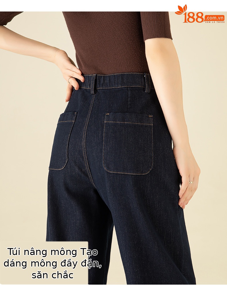 Quần jean nữ cạp cao ống rộng lót lông cừu dày dặn — Xanh denim chi tiết 13