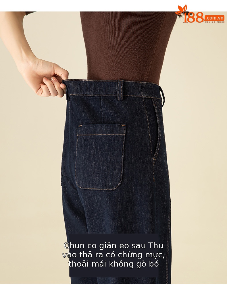 Quần jean nữ cạp cao ống rộng lót lông cừu dày dặn — Xanh denim chi tiết 14