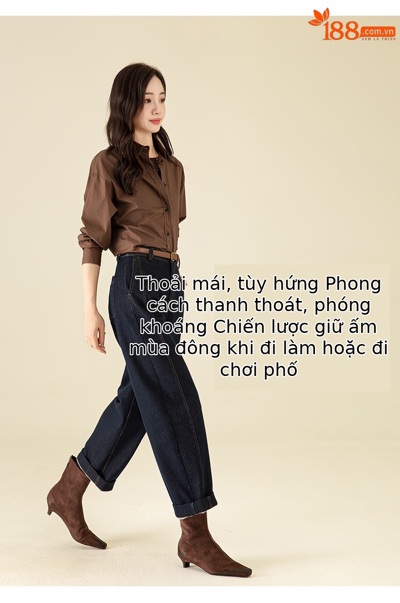 Quần jean nữ cạp cao ống rộng lót lông cừu dày dặn — Xanh denim chi tiết 15