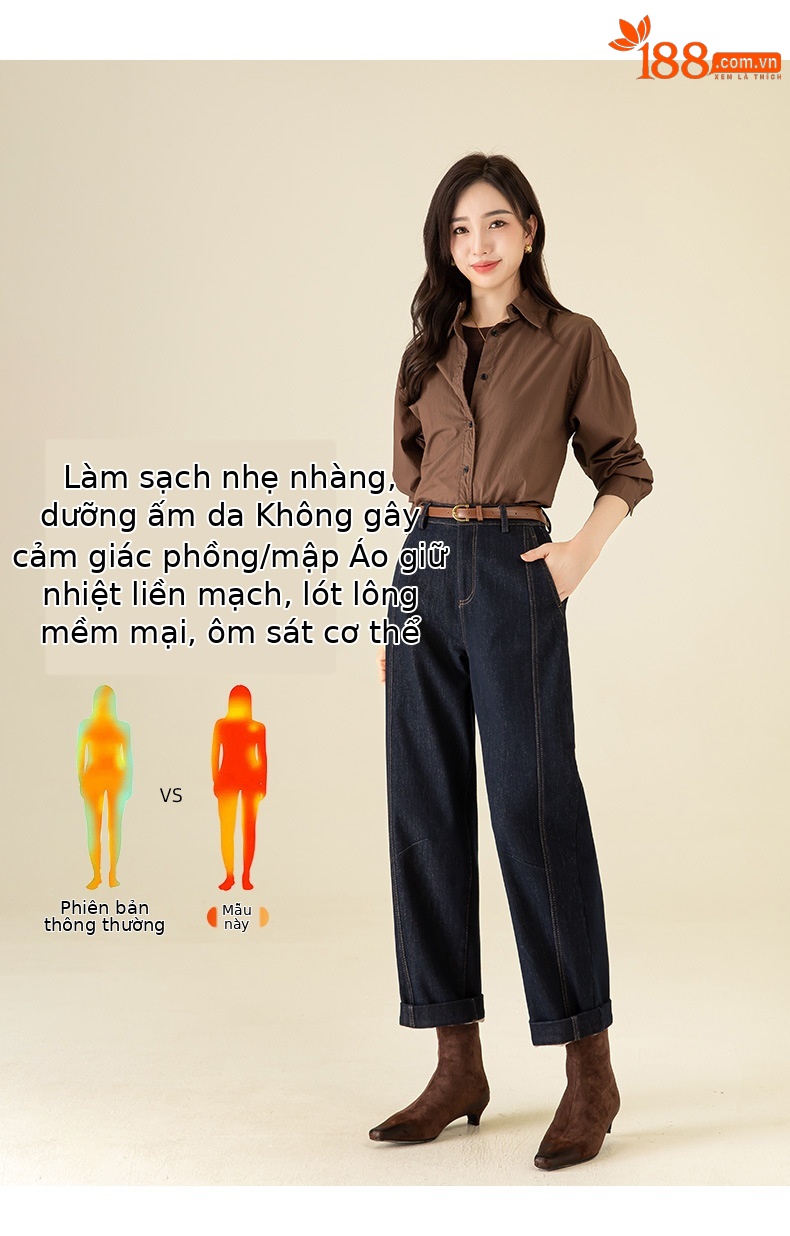 Quần jean nữ cạp cao ống rộng lót lông cừu dày dặn — Xanh denim chi tiết 12