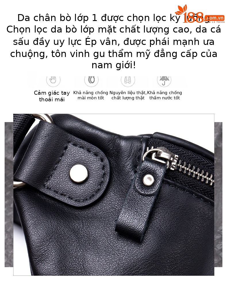 Túi đeo hông nam da bò cao cấp đa năng, phong cách thể thao ngoài trời — Màu đen chi tiết 4