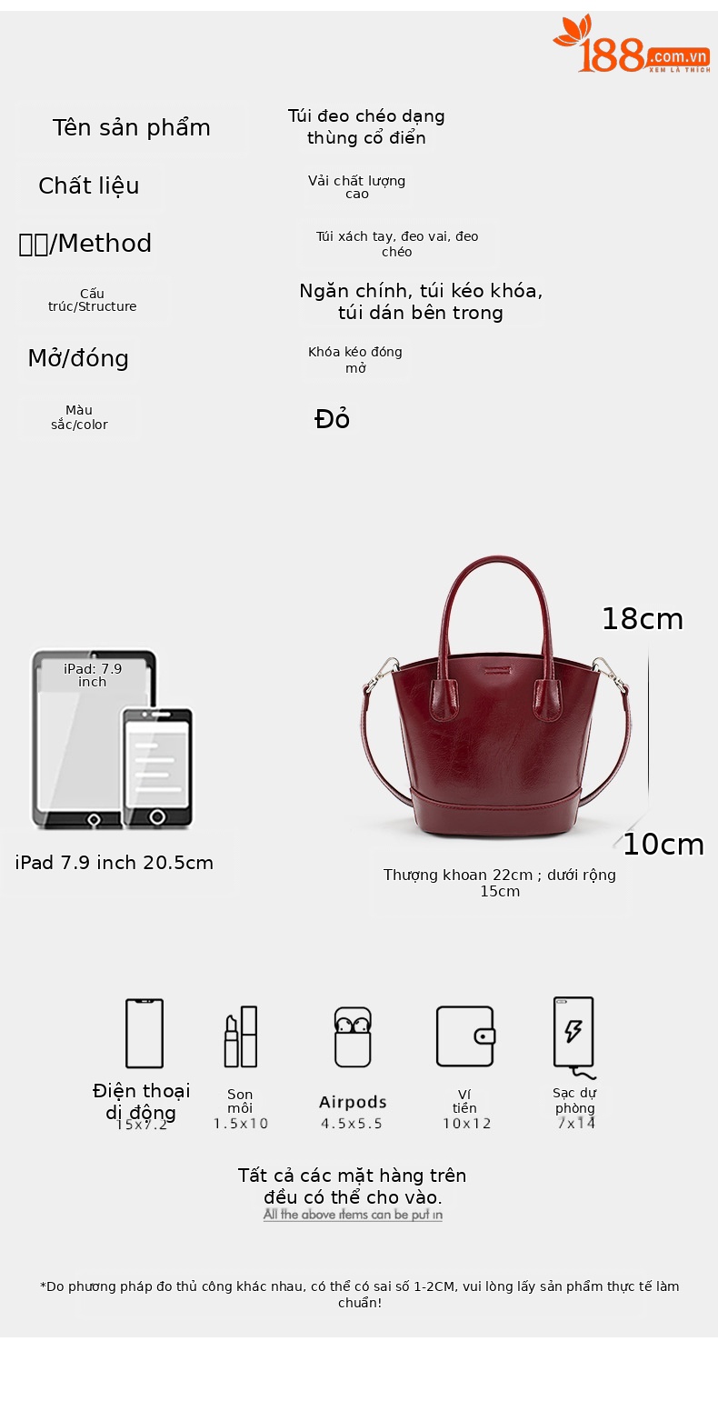 Túi bucket nữ cổ điển cao cấp màu đỏ – túi xách tay đeo chéo đi làm dự tiệc — Màu đỏ, Màu nâu, Màu đen chi tiết 3