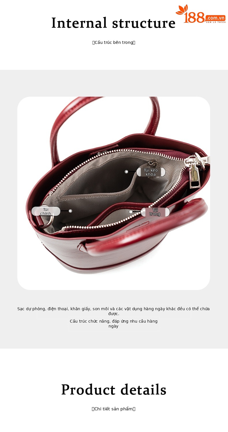 Túi bucket nữ cổ điển cao cấp màu đỏ – túi xách tay đeo chéo đi làm dự tiệc — Màu đỏ, Màu nâu, Màu đen chi tiết 4