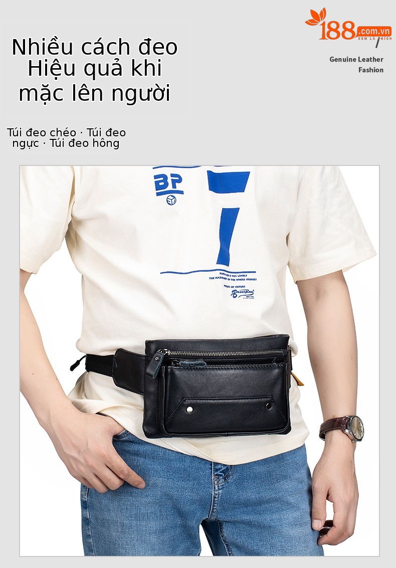 Túi đeo thắt lưng da bò cao cấp Lion Leiden, túi đeo ngực thể thao đa năng cho nam — Màu đen chi tiết 2