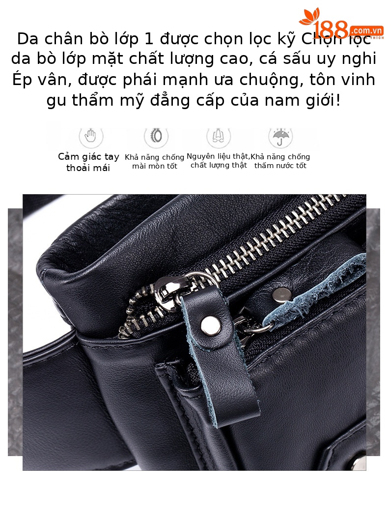 Túi đeo thắt lưng da bò cao cấp Lion Leiden, túi đeo ngực thể thao đa năng cho nam — Màu đen chi tiết 4