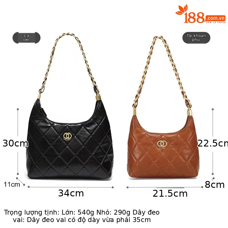 Túi đeo chéo nữ da mềm họa tiết caro phối dây xích — Màu đỏ, cỡ lớn chi tiết 2