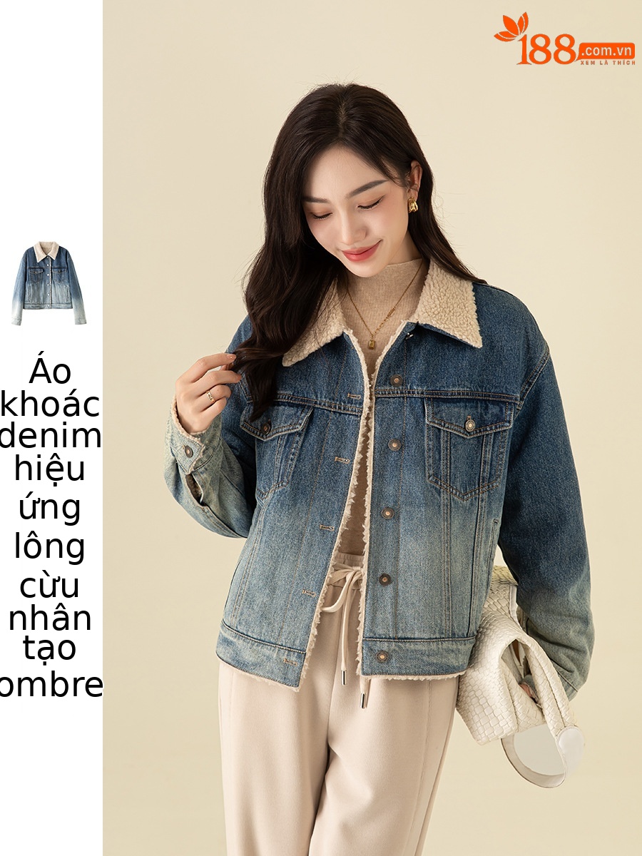 Áo khoác ngắn nữ denim phối màu giả lông cừu, dày dặn giữ ấm — Chuyển dần xanh lam