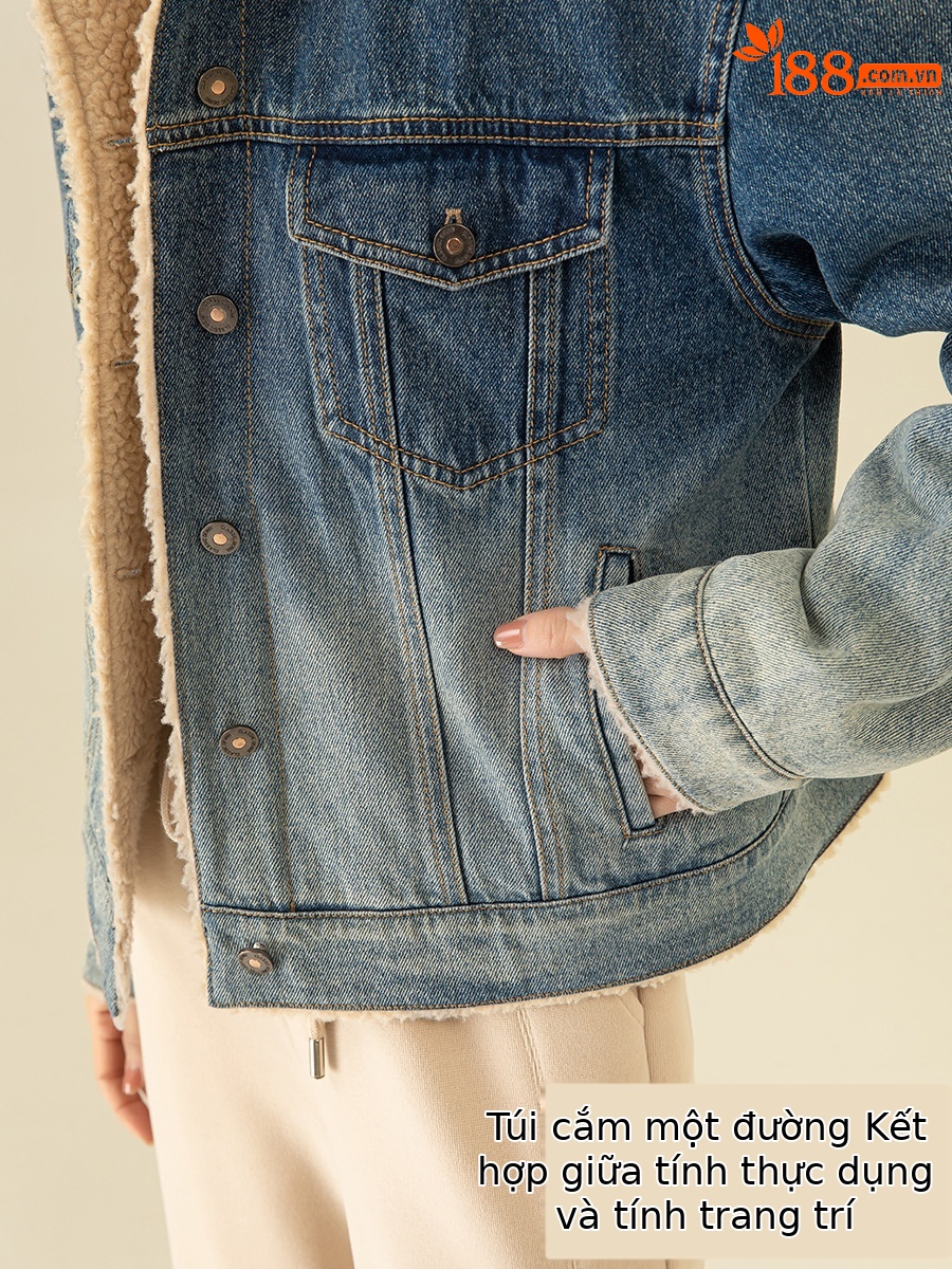 Áo khoác ngắn nữ denim phối màu giả lông cừu, dày dặn giữ ấm — Chuyển dần xanh lam