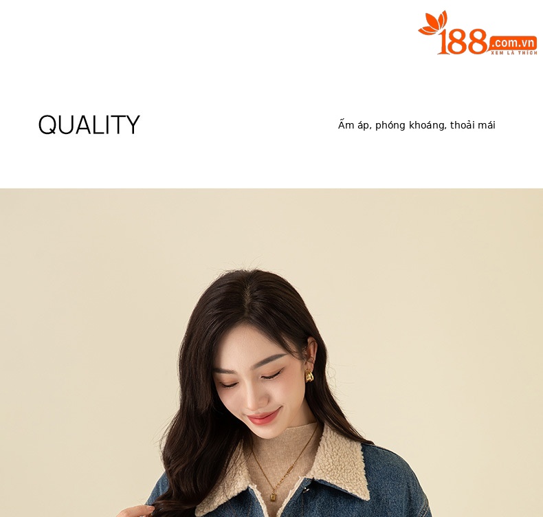 Áo khoác ngắn nữ denim phối màu giả lông cừu, dày dặn giữ ấm — Chuyển dần xanh lam chi tiết 3