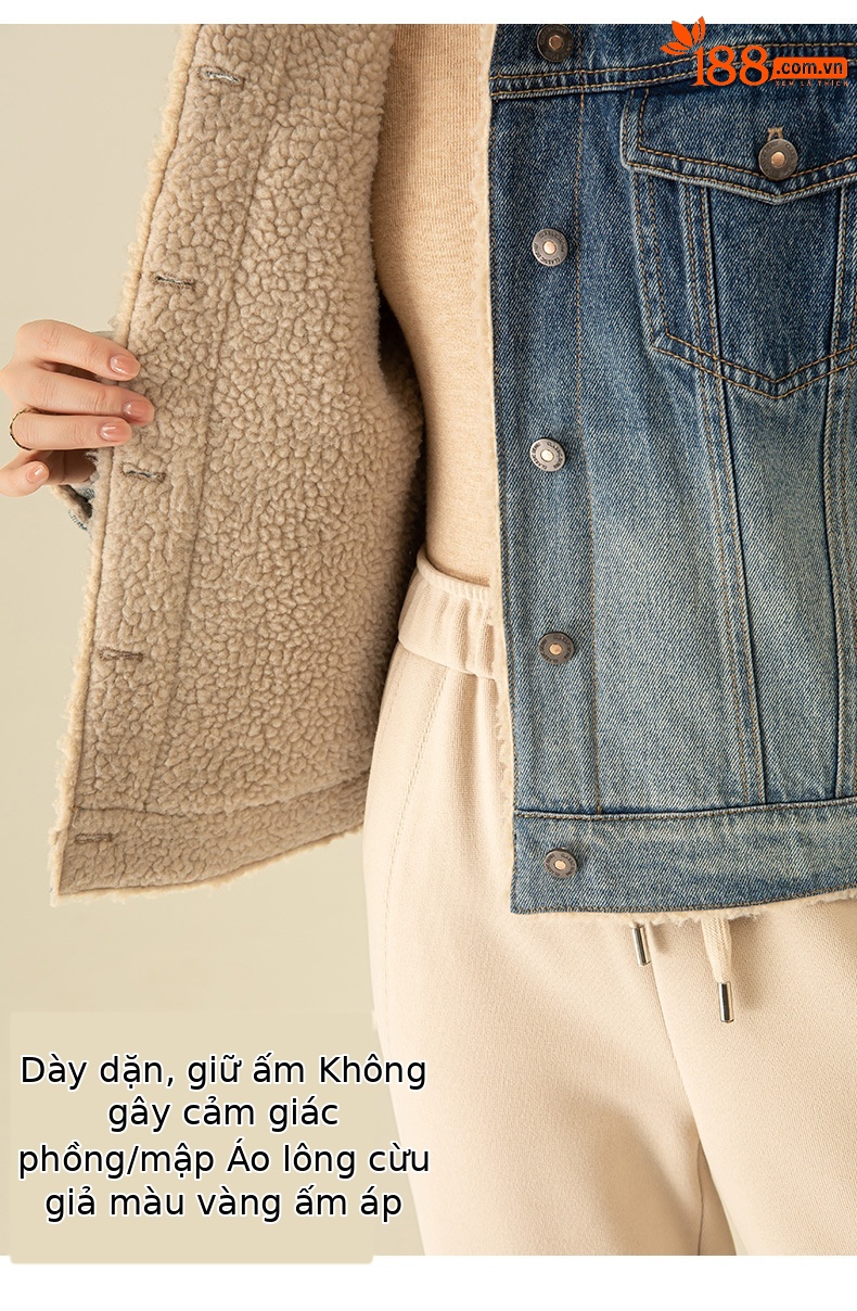 Áo khoác ngắn nữ denim phối màu giả lông cừu, dày dặn giữ ấm — Chuyển dần xanh lam chi tiết 10