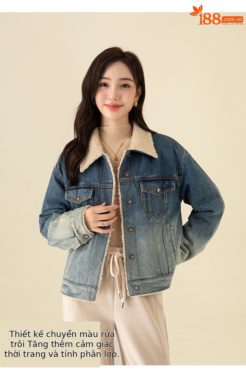 Áo khoác ngắn nữ denim phối màu giả lông cừu, dày dặn giữ ấm — Chuyển dần xanh lam chi tiết 11