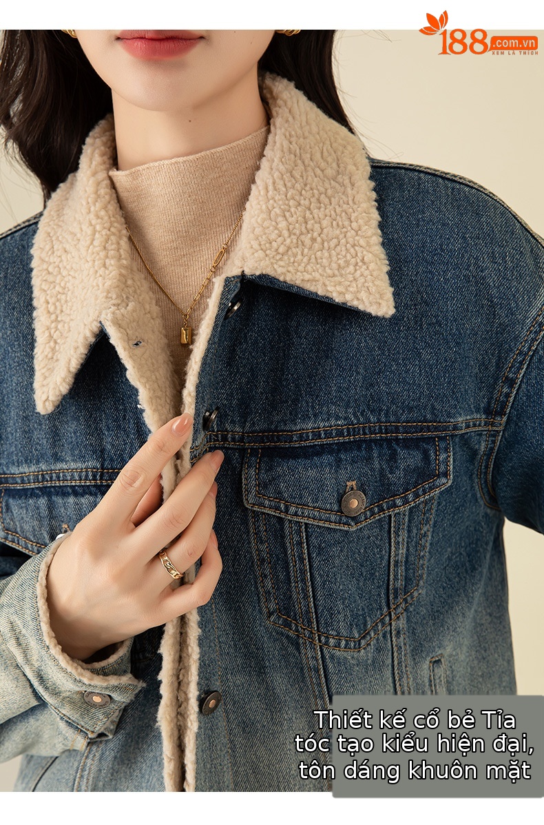 Áo khoác ngắn nữ denim phối màu giả lông cừu, dày dặn giữ ấm — Chuyển dần xanh lam chi tiết 12
