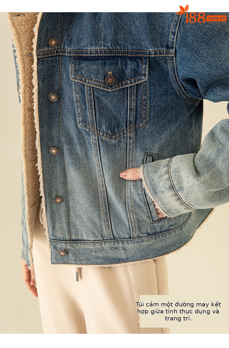 Áo khoác ngắn nữ denim phối màu giả lông cừu, dày dặn giữ ấm — Chuyển dần xanh lam chi tiết 13