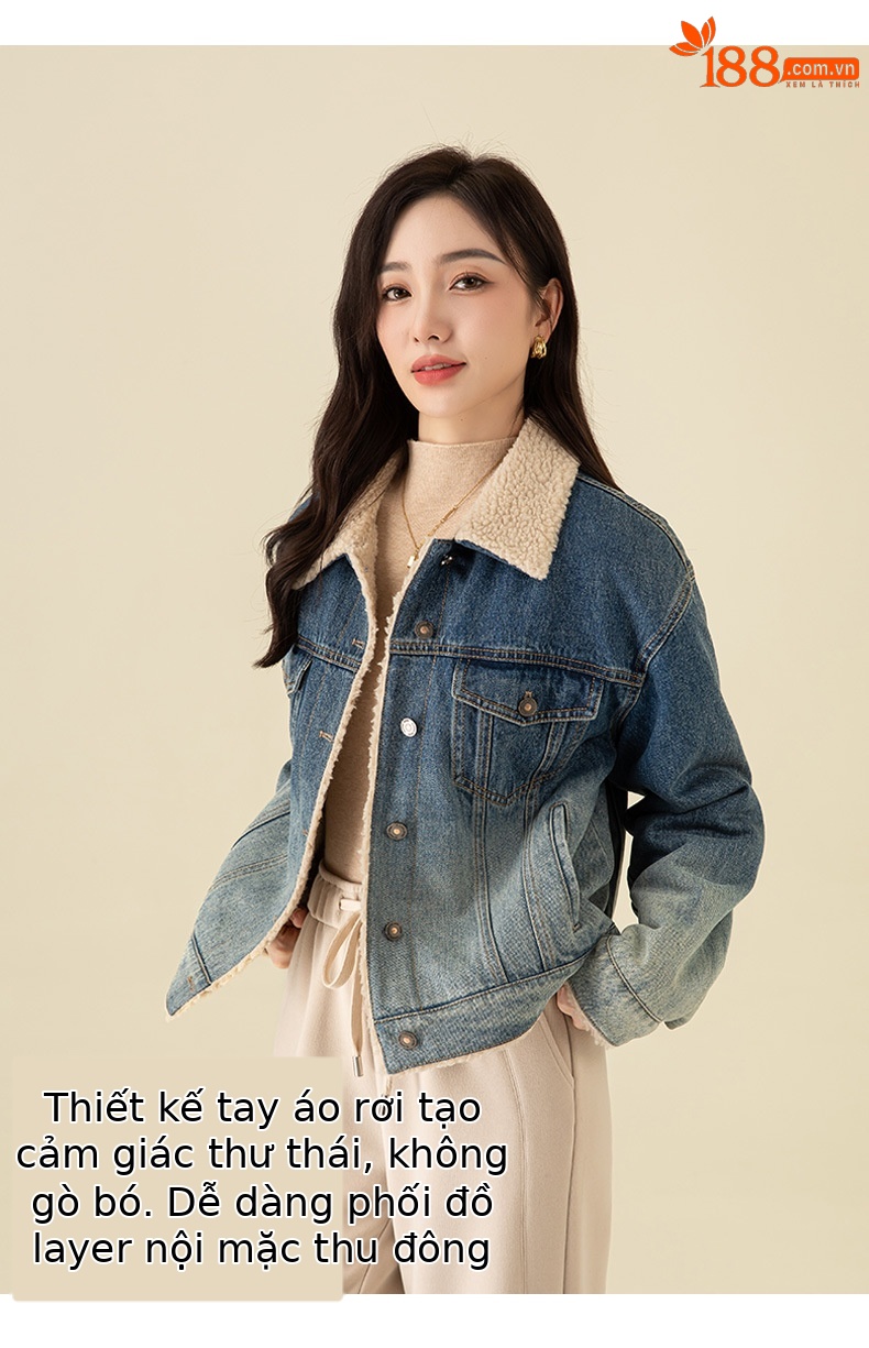 Áo khoác ngắn nữ denim phối màu giả lông cừu, dày dặn giữ ấm — Chuyển dần xanh lam chi tiết 14