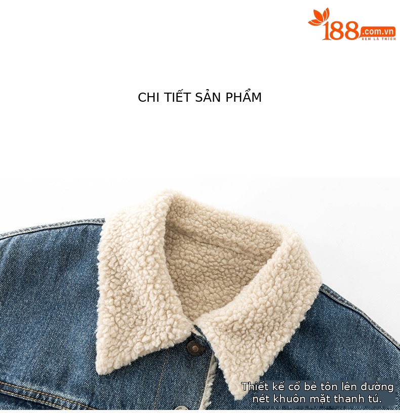 Áo khoác ngắn nữ denim phối màu giả lông cừu, dày dặn giữ ấm — Chuyển dần xanh lam chi tiết 15