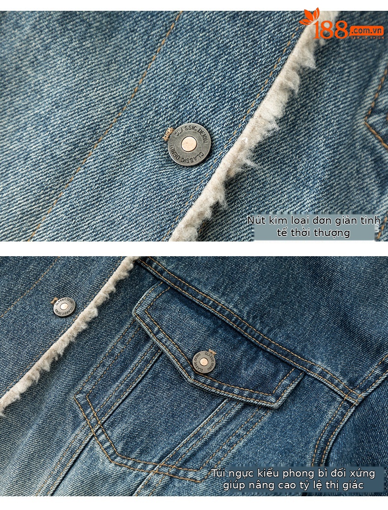 Áo khoác ngắn nữ denim phối màu giả lông cừu, dày dặn giữ ấm — Chuyển dần xanh lam chi tiết 16
