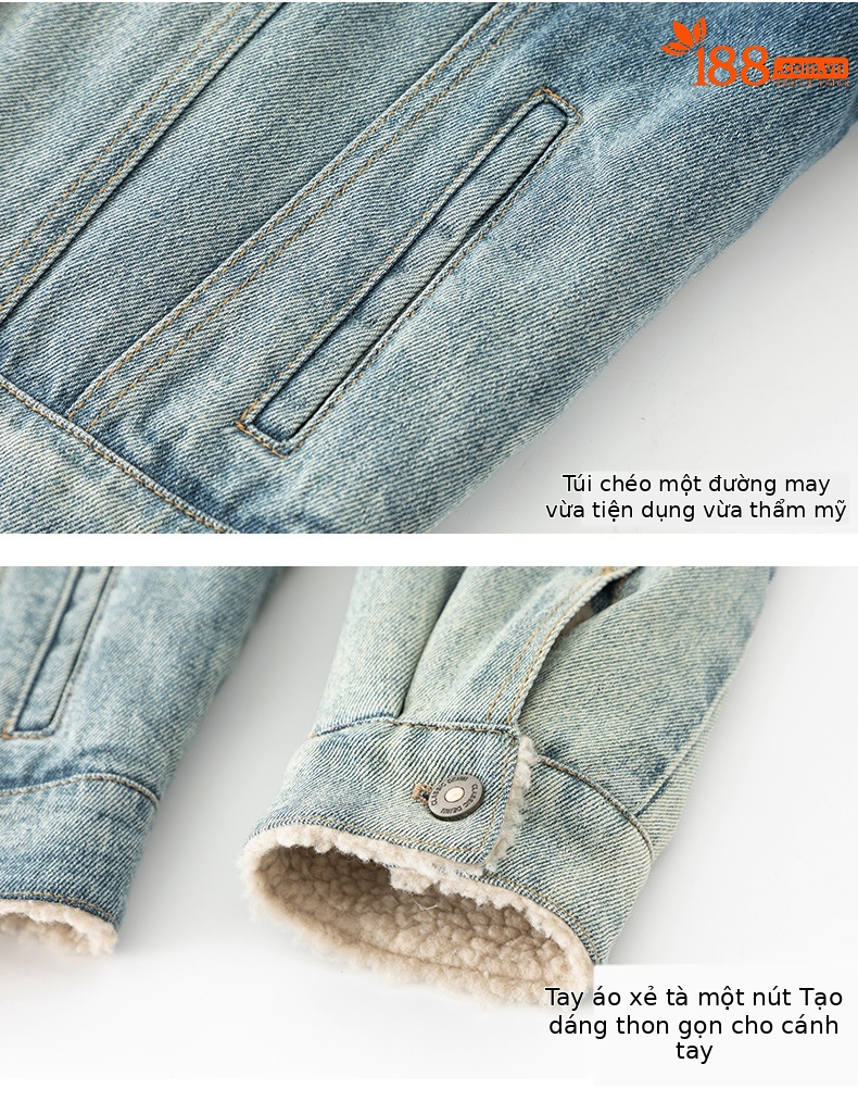 Áo khoác ngắn nữ denim phối màu giả lông cừu, dày dặn giữ ấm — Chuyển dần xanh lam chi tiết 17