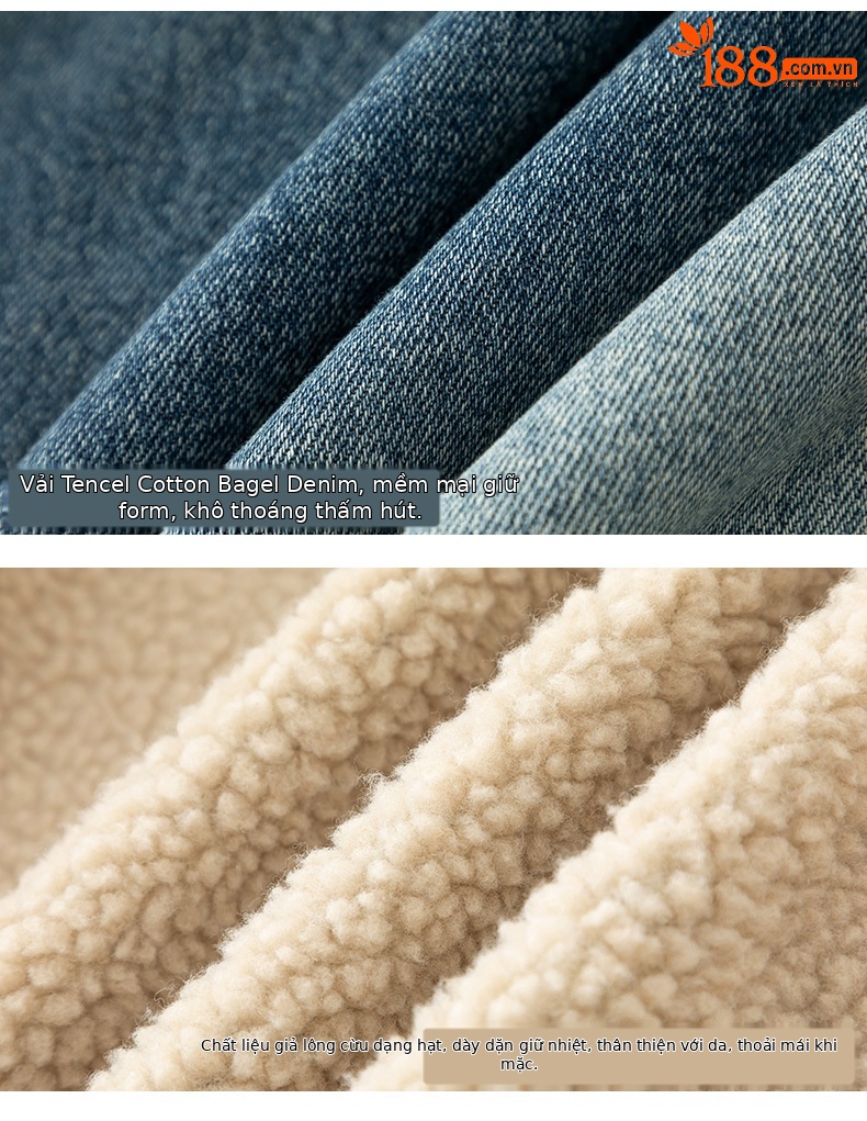 Áo khoác ngắn nữ denim phối màu giả lông cừu, dày dặn giữ ấm — Chuyển dần xanh lam chi tiết 18