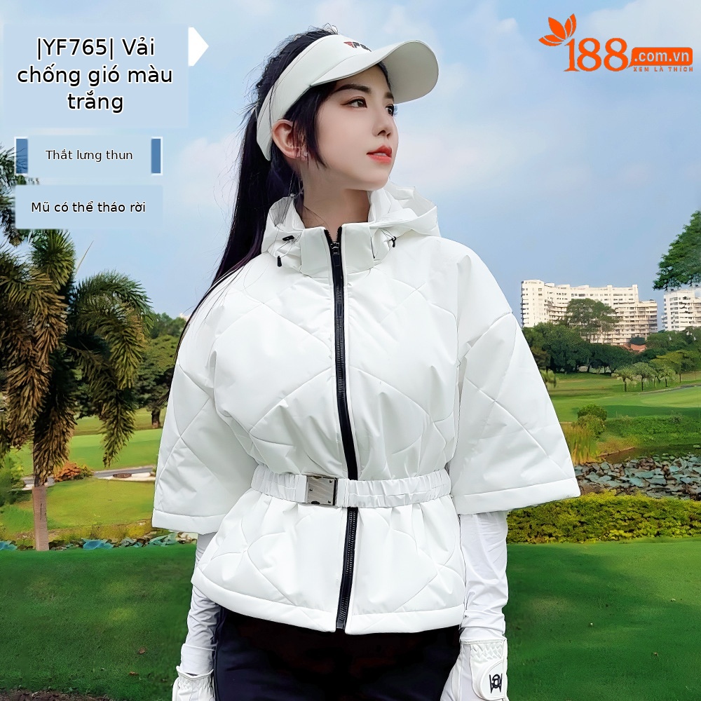 Áo khoác bông golf nữ chống gió mũ liền tháo rời dáng ngắn — YF765 [mũ chống gió và ấm/có thể tháo rời] áo khoác cotton ngắn màu trắng, YF765 [mũ chống gió và ấm/có thể tháo rời] áo khoác cotton ngắn màu đen