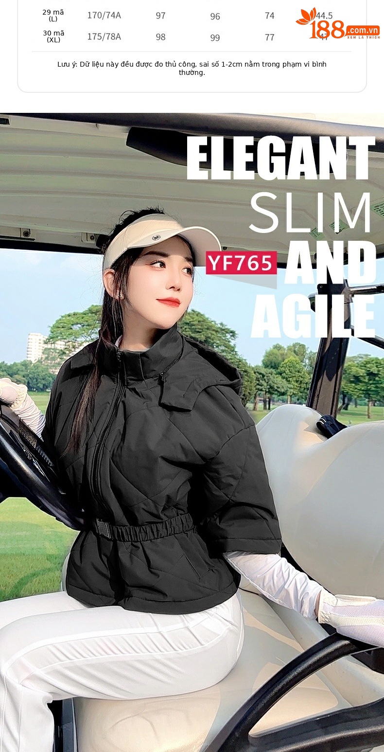 Áo khoác bông golf nữ chống gió mũ liền tháo rời dáng ngắn — YF765 [mũ chống gió và ấm/có thể tháo rời] áo khoác cotton ngắn màu trắng, YF765 [mũ chống gió và ấm/có thể tháo rời] áo khoác cotton ngắn màu đen chi tiết 2
