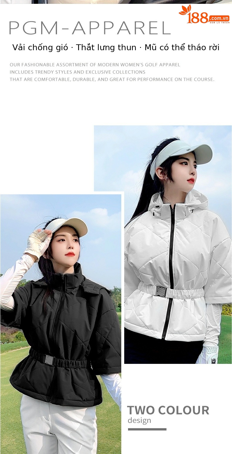 Áo khoác bông golf nữ chống gió mũ liền tháo rời dáng ngắn — YF765 [mũ chống gió và ấm/có thể tháo rời] áo khoác cotton ngắn màu trắng, YF765 [mũ chống gió và ấm/có thể tháo rời] áo khoác cotton ngắn màu đen chi tiết 3