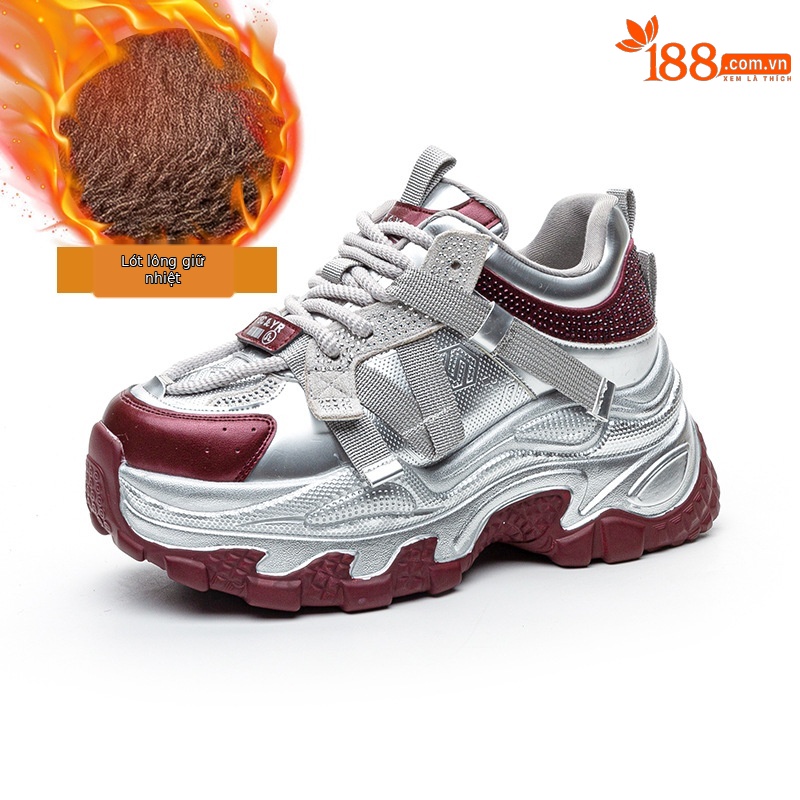 Giày sneaker nữ chunky đế dày phối màu đính đá mùa thu đông 2025 — M2661-1 đỏ lót nhung, M2661-1 màu đen lót nhung, M2661-1 bạc lót nhung, M2661 một lớp màu đen