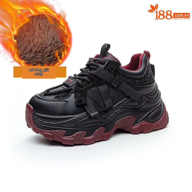 Giày sneaker nữ chunky đế dày phối màu đính đá mùa thu đông 2025 — M2661-1 đỏ lót nhung, M2661-1 màu đen lót nhung, M2661-1 bạc lót nhung, M2661 một lớp màu đen
