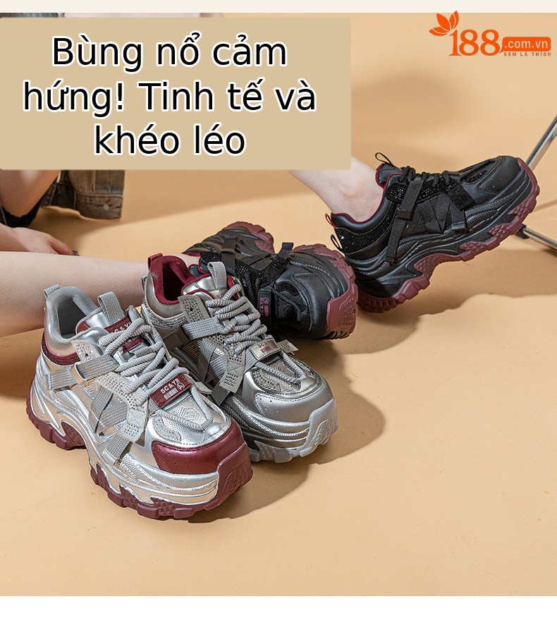 Giày sneaker nữ chunky đế dày phối màu đính đá mùa thu đông 2025 — M2661-1 đỏ lót nhung, M2661-1 màu đen lót nhung, M2661-1 bạc lót nhung, M2661 một lớp màu đen chi tiết 3