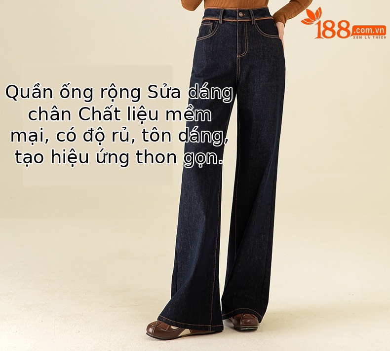 Quần jean ống loe nữ cạp cao lót lông ấm — Màu xanh denim chi tiết 7