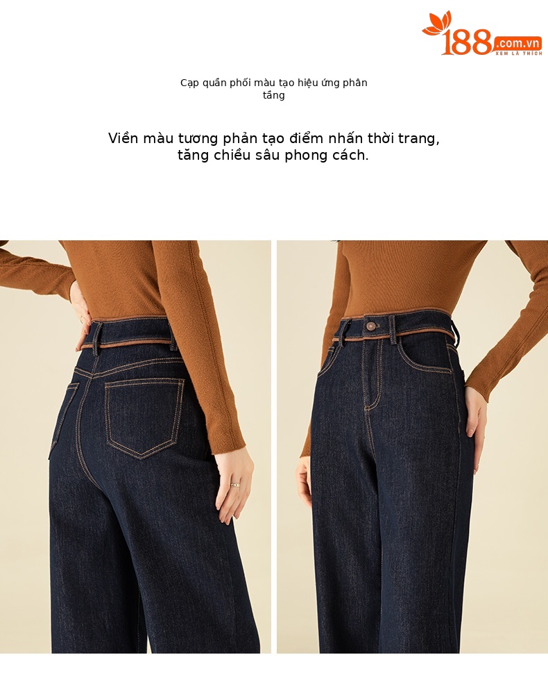 Quần jean ống loe nữ cạp cao lót lông ấm — Màu xanh denim chi tiết 10