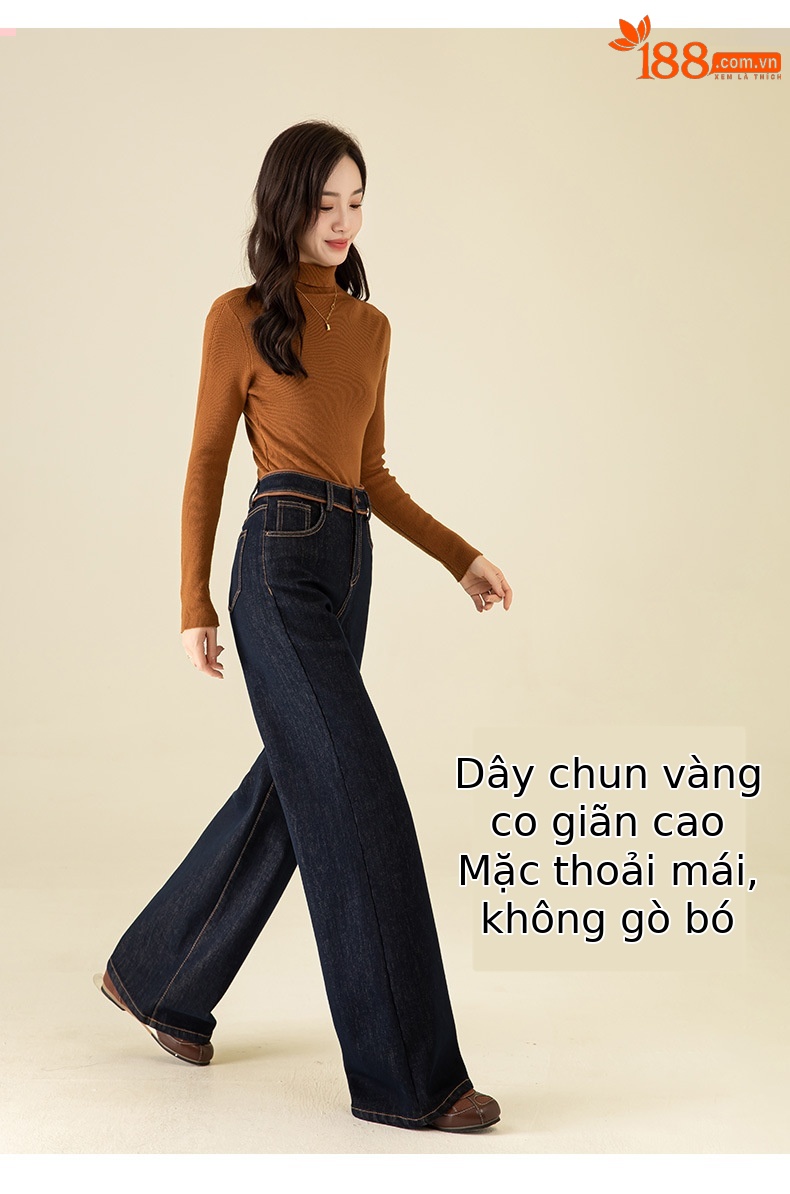 Quần jean ống loe nữ cạp cao lót lông ấm — Màu xanh denim chi tiết 12