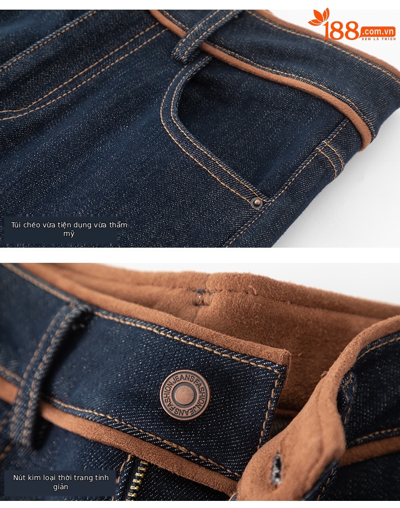 Quần jean ống loe nữ cạp cao lót lông ấm — Màu xanh denim chi tiết 15