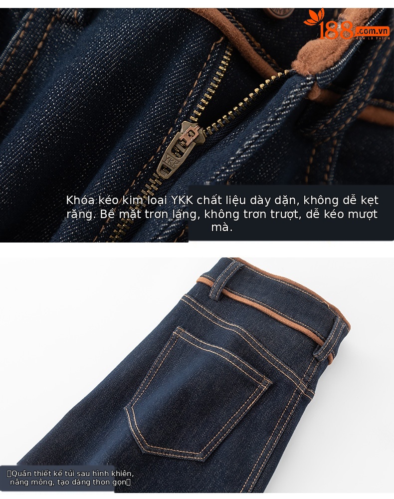 Quần jean ống loe nữ cạp cao lót lông ấm — Màu xanh denim chi tiết 16