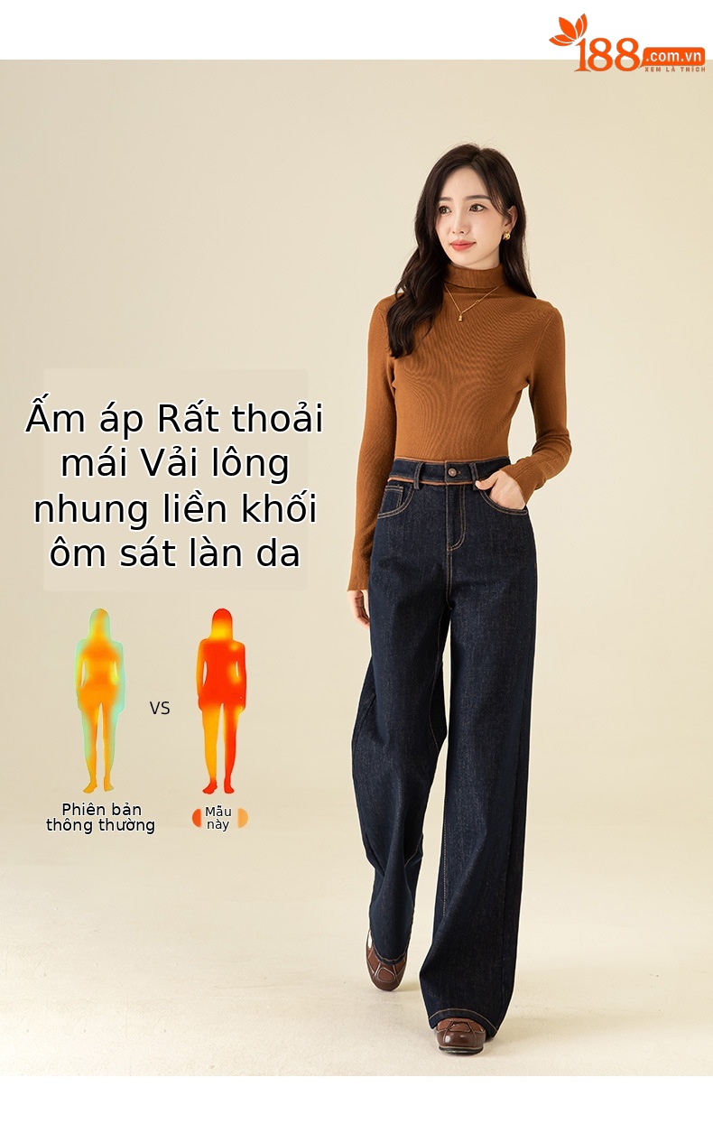 Quần jean ống loe nữ cạp cao lót lông ấm — Màu xanh denim chi tiết 8
