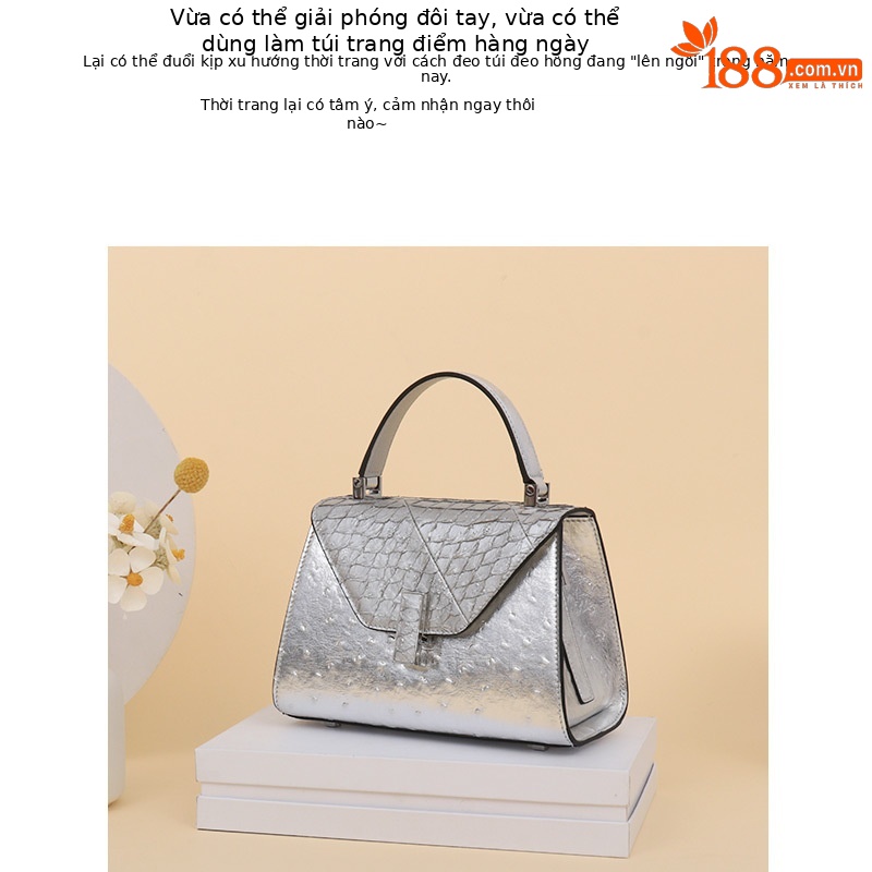 Túi đeo chéo nữ da bò mềm họa tiết vảy rắn phong cách vintage — Màu trắng be, Màu bạc chi tiết 3