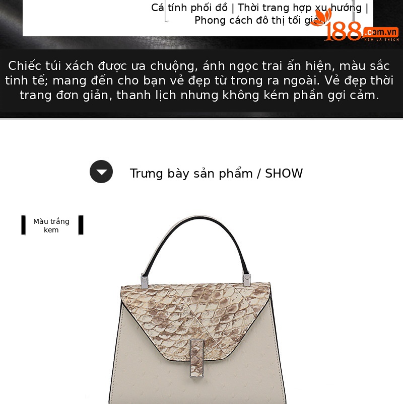 Túi đeo chéo nữ da bò mềm họa tiết vảy rắn phong cách vintage — Màu trắng be, Màu bạc chi tiết 6