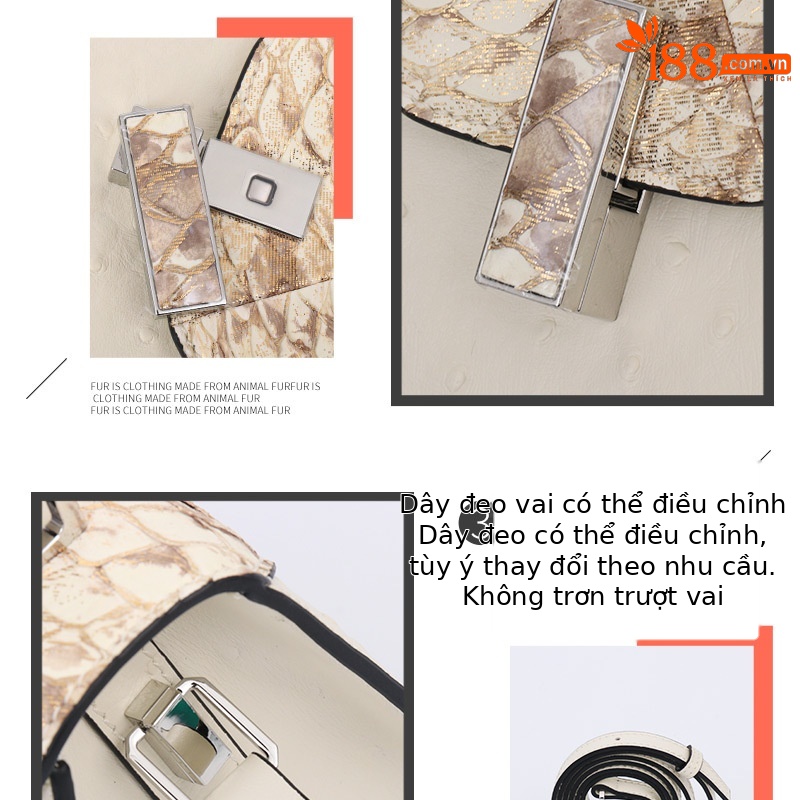 Túi đeo chéo nữ da bò mềm họa tiết vảy rắn phong cách vintage — Màu trắng be, Màu bạc chi tiết 12