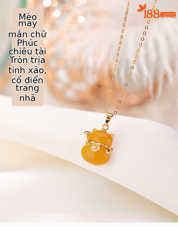 Mặt dây chuyền bạc S925 mạ vàng sáp ong hình đồng xu chữ may mắn và mèo may mắn phong cách cổ điển — Mặt dây chuyền đơn (không có dây chuyền) chi tiết 2