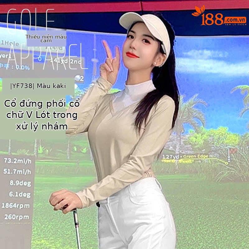 Áo phông golf nữ dài tay giả cổ đứng cổ chữ V PGM — YF738 [Áo lót lông chải/ôm dáng thon gọn] Áo kaki, YF738 [Áo lót lông chải/ôm dáng gầy] màu đen, YF738 [Áo lót lông/ôm dáng gầy] màu xanh nhạt