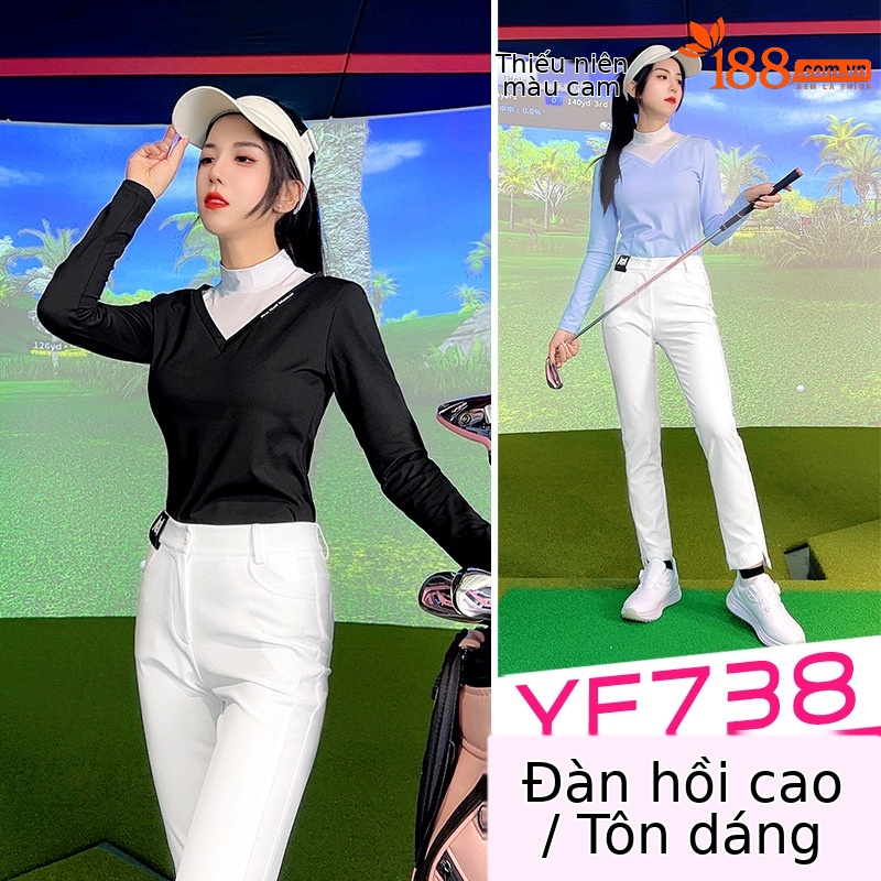 Áo phông golf nữ dài tay giả cổ đứng cổ chữ V PGM — YF738 [Áo lót lông chải/ôm dáng thon gọn] Áo kaki, YF738 [Áo lót lông chải/ôm dáng gầy] màu đen, YF738 [Áo lót lông/ôm dáng gầy] màu xanh nhạt