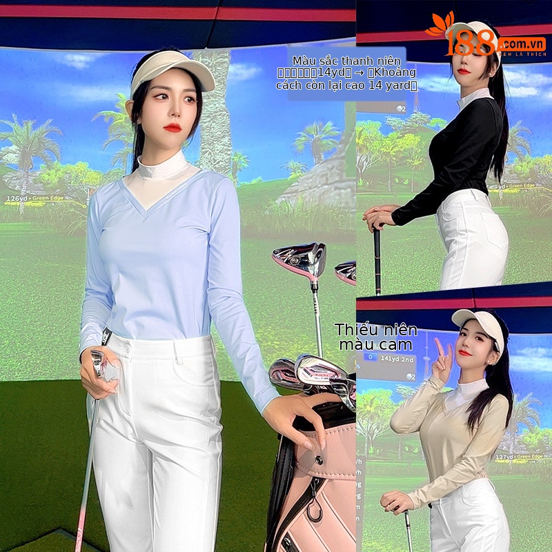 Áo phông golf nữ dài tay giả cổ đứng cổ chữ V PGM — YF738 [Áo lót lông chải/ôm dáng thon gọn] Áo kaki, YF738 [Áo lót lông chải/ôm dáng gầy] màu đen, YF738 [Áo lót lông/ôm dáng gầy] màu xanh nhạt