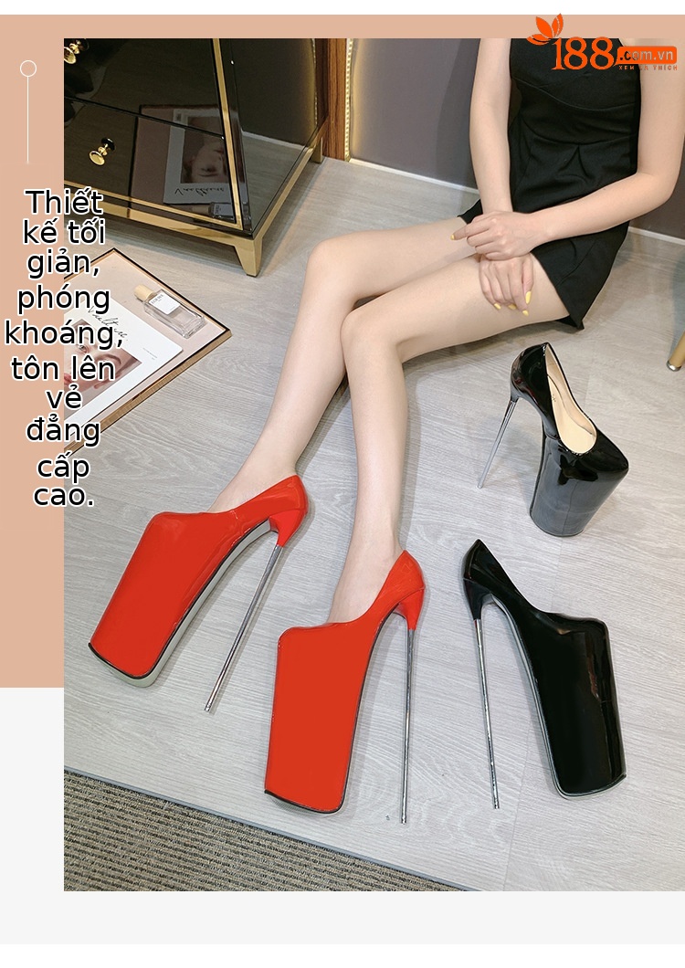 Giày cao gót nữ mũi nhọn gót kim loại 30 cm cỡ lớn — Màu đen da bóng chi tiết 13