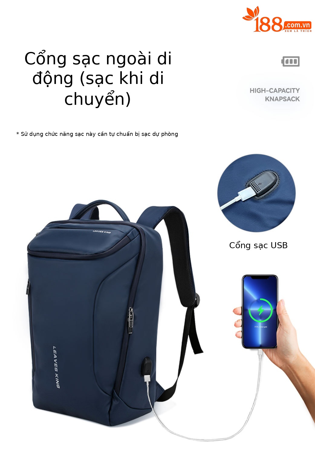 Ba lô laptop nam chống thấm nước có cổng USB chống trộm chi tiết 7