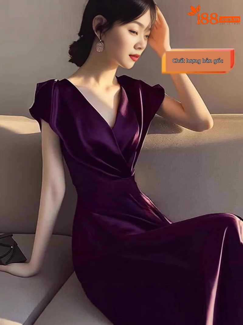 Váy maxi nữ tay ngắn thắt eo phong cách Hepburn cao cấp — màu đen, màu xanh, màu tím, xanh lá cây