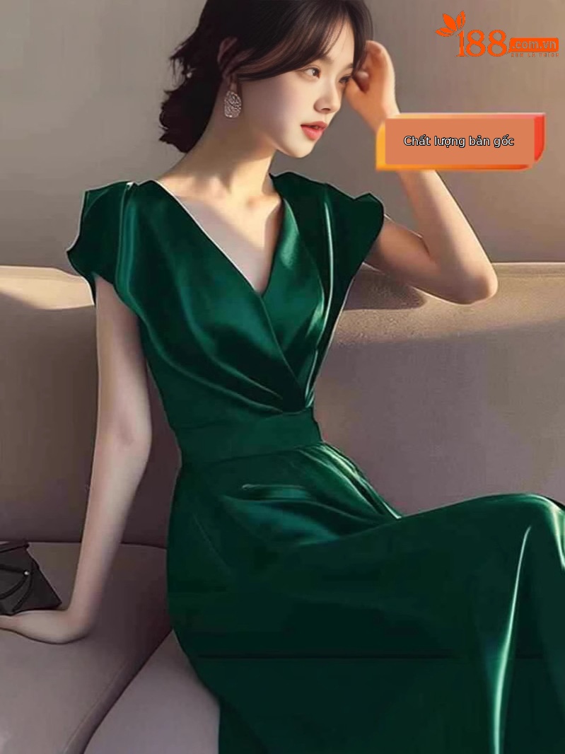 Váy maxi nữ tay ngắn thắt eo phong cách Hepburn cao cấp — màu đen, màu xanh, màu tím, xanh lá cây