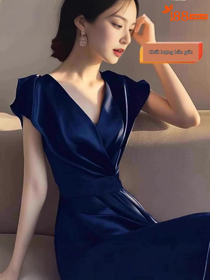 Váy maxi nữ tay ngắn thắt eo phong cách Hepburn cao cấp — màu đen, màu xanh, màu tím, xanh lá cây