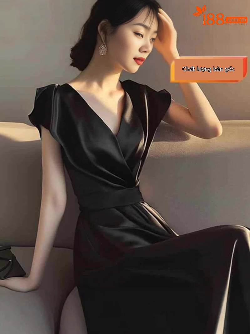 Váy maxi nữ tay ngắn thắt eo phong cách Hepburn cao cấp — màu đen, màu xanh, màu tím, xanh lá cây