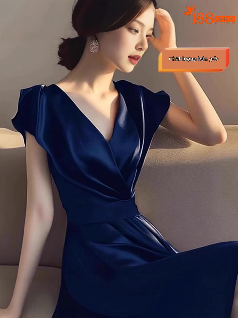 Váy maxi nữ tay ngắn thắt eo phong cách Hepburn cao cấp — màu đen, màu xanh, màu tím, xanh lá cây