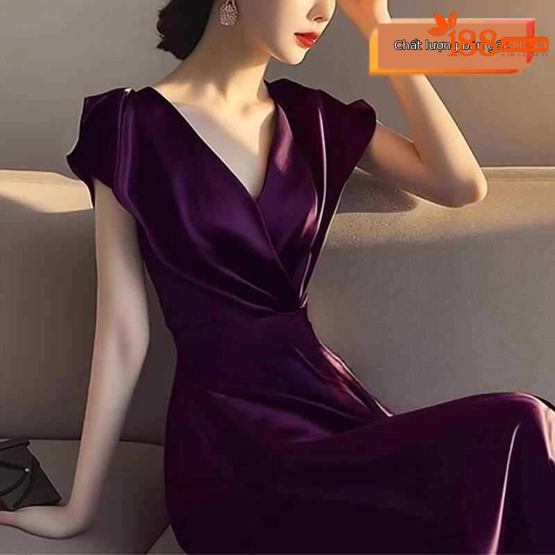 Váy maxi nữ tay ngắn thắt eo phong cách Hepburn cao cấp — màu đen, màu xanh, màu tím, xanh lá cây chi tiết 4